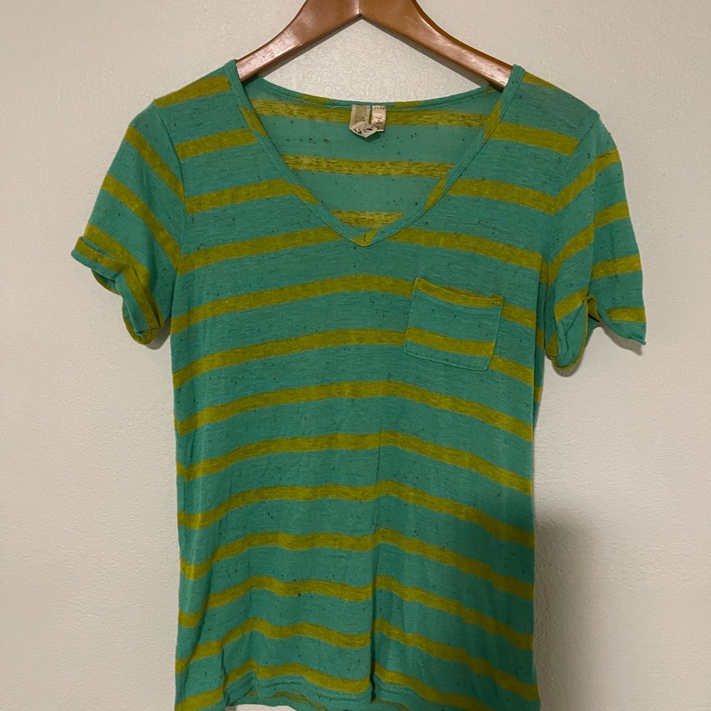 BKE Green and Mustard Striped V-Neck Pocket Tee